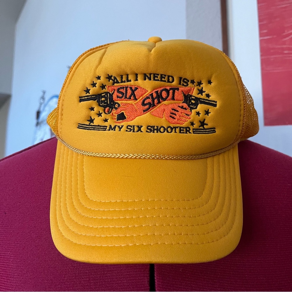 vintage trucker hat mesh six shooter shot Otto embroidered 80s gun